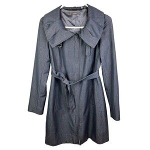 Tahari Navy Blue Chambray Trench Coat Lightweight Belted Jacket Funnel Neck XS